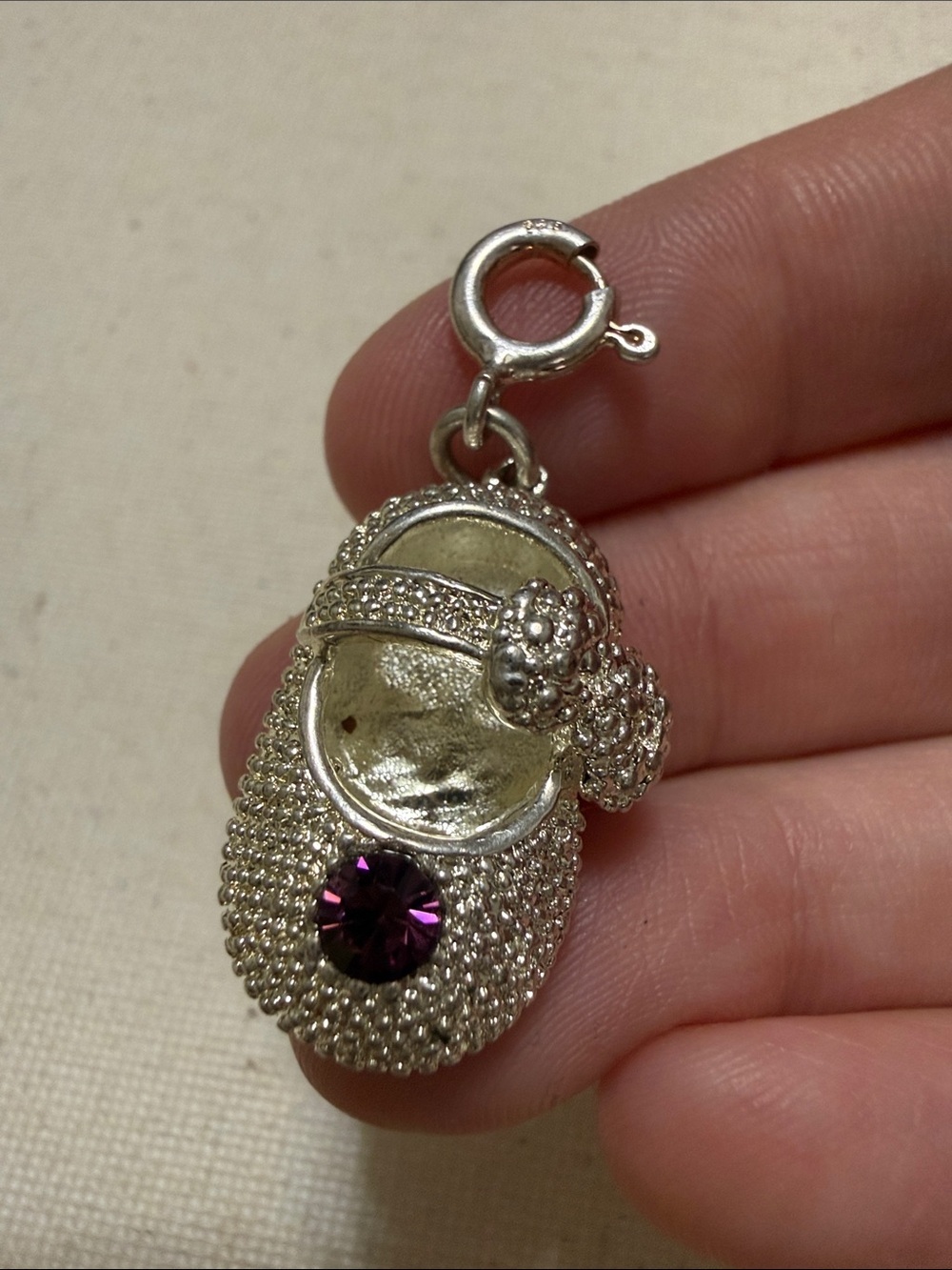 Sterling Silver 925 Baby Shoe Charm w/Purple Crystal Accent engraved “Nannie”